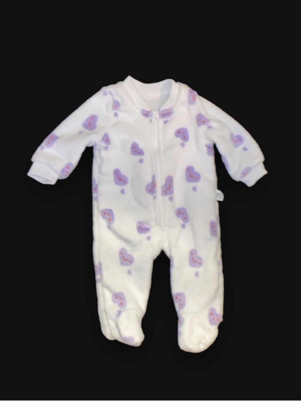 SHEIN White Fleece Footed One-Piece with Purple Heart Print